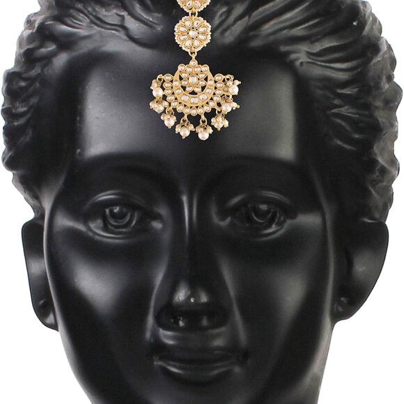 Gold Plated Kundan Faux Pearl Bridal Earrings & Maang Tikka Set Women - Picture 6 of 9